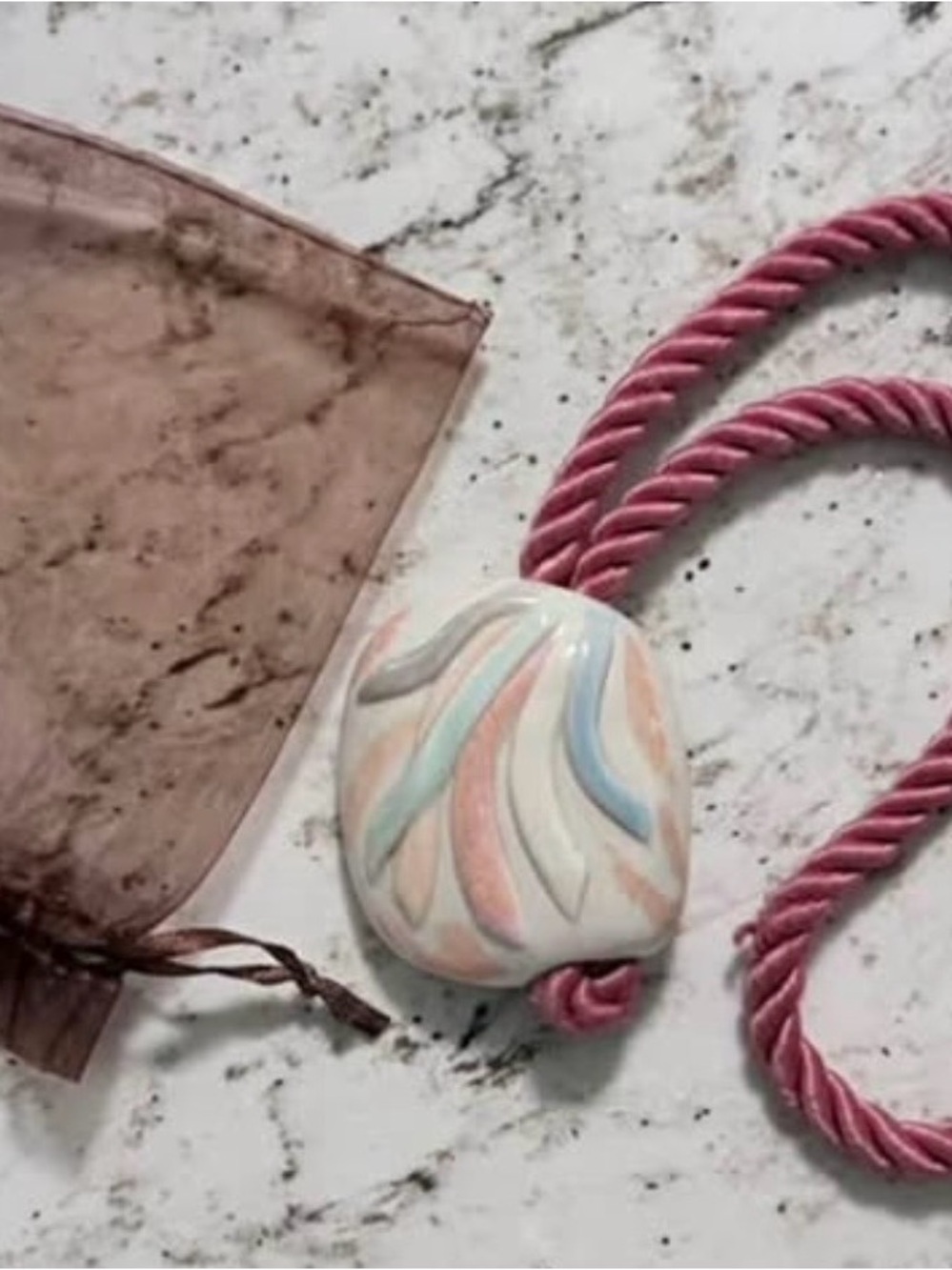 Vintage Carol Halmy Handmade Porcelain Statement Necklace 80s Pastel Cord